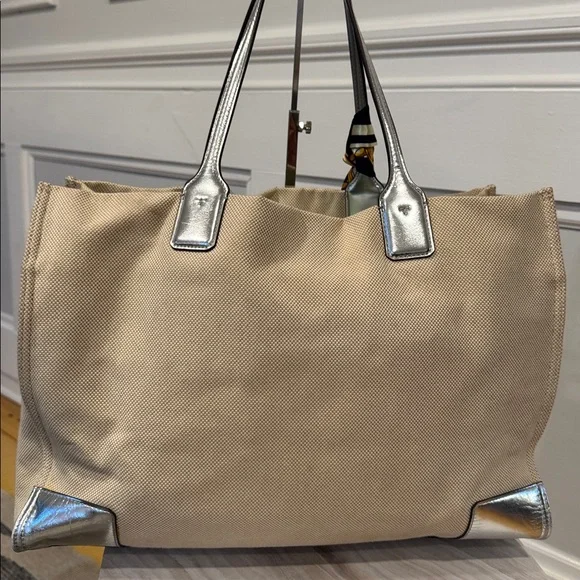 Tory Burch Tote Ella Canvas Silver Cream Logo Bag - Picture 9 of 17